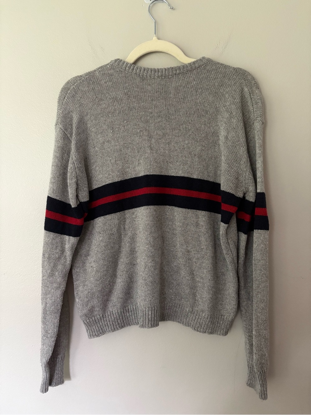 Brandy Melville Bernadette Gray Crewneck Sweater with Navy & Red Stripes